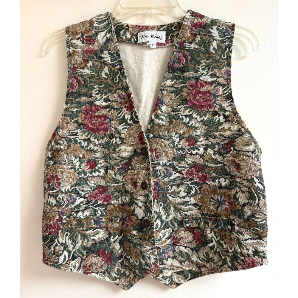 Paris Blues Vintage Tapestry Floral Vest S USA 90s Cotton Brocade Waistcoat Boho